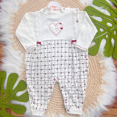 Macacão Malha Trape Zape - Coração e Mini Ursos - Off White e Vermelho